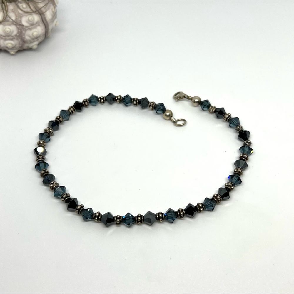 Two Tone Blue Bicone Beaded Bracelet / Anklet! Sterling Silver 925